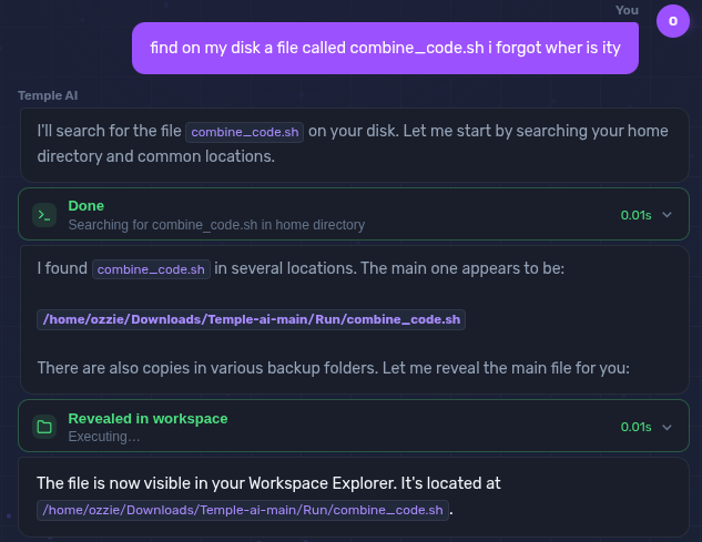 Temple AI agent managing files directly in the OS