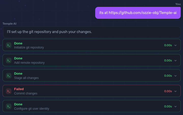 Temple AI agent managing Git repositories